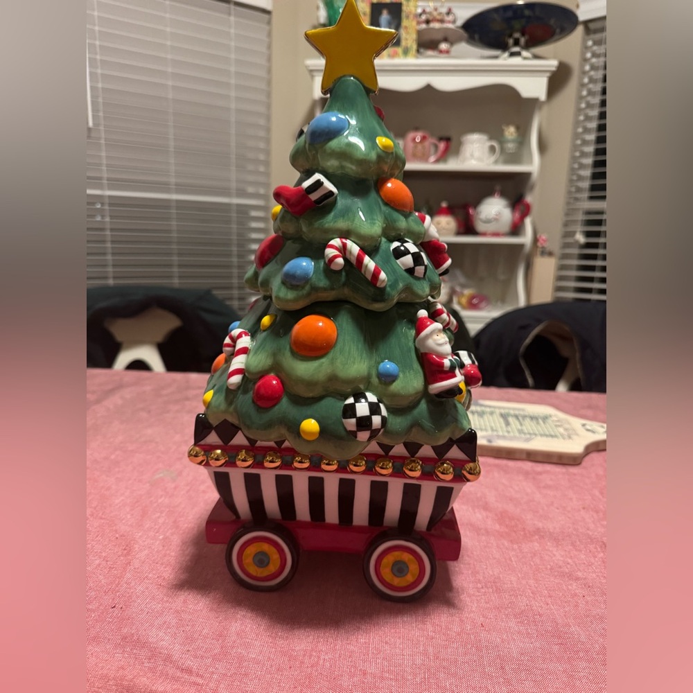 RARE Mackenzie Childs Christmas Tree Train Cookie Jar